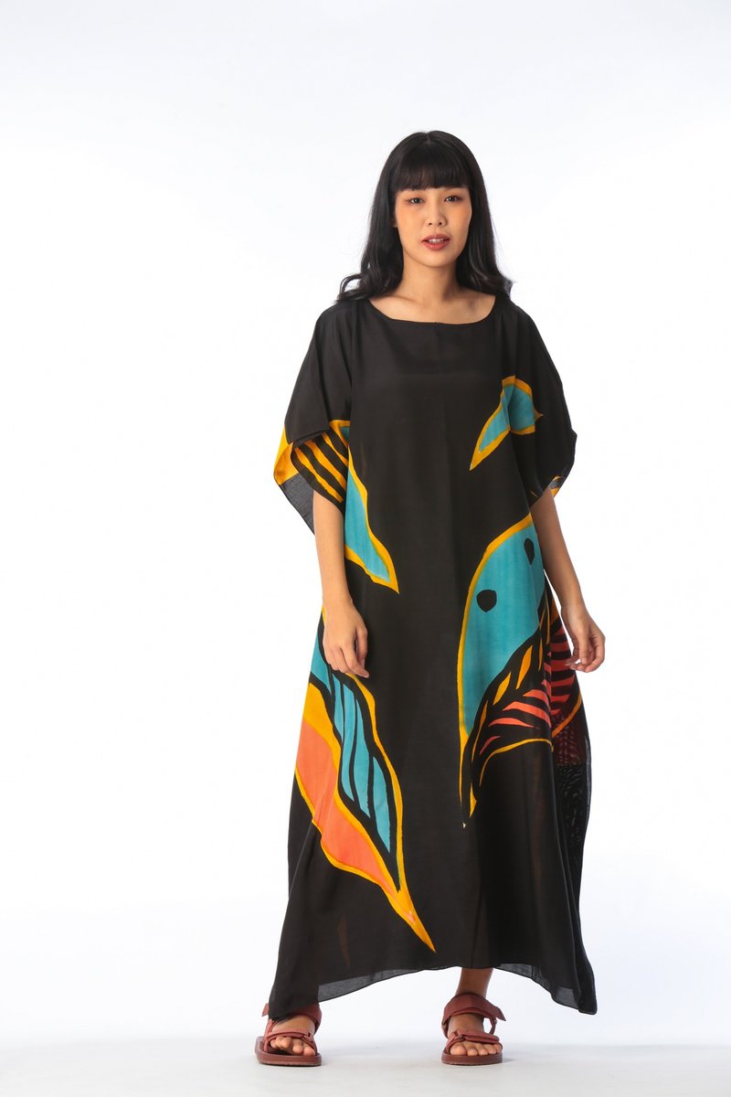 Hand Painted Cotton Silk Kaftan for Summer Resort Vacation Free Size - 連身裙 - 棉．麻 黑色