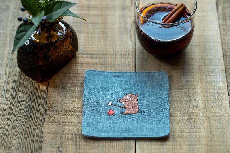 Boar Embroidered Coaster Gray Blue - Coasters - Cotton & Hemp Blue