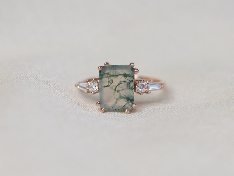 Moss Agate Ring / 14K Solid Gold Ring / Baguette Moss Agate Ring / 925 Sterling - 戒指 - 寶石 綠色