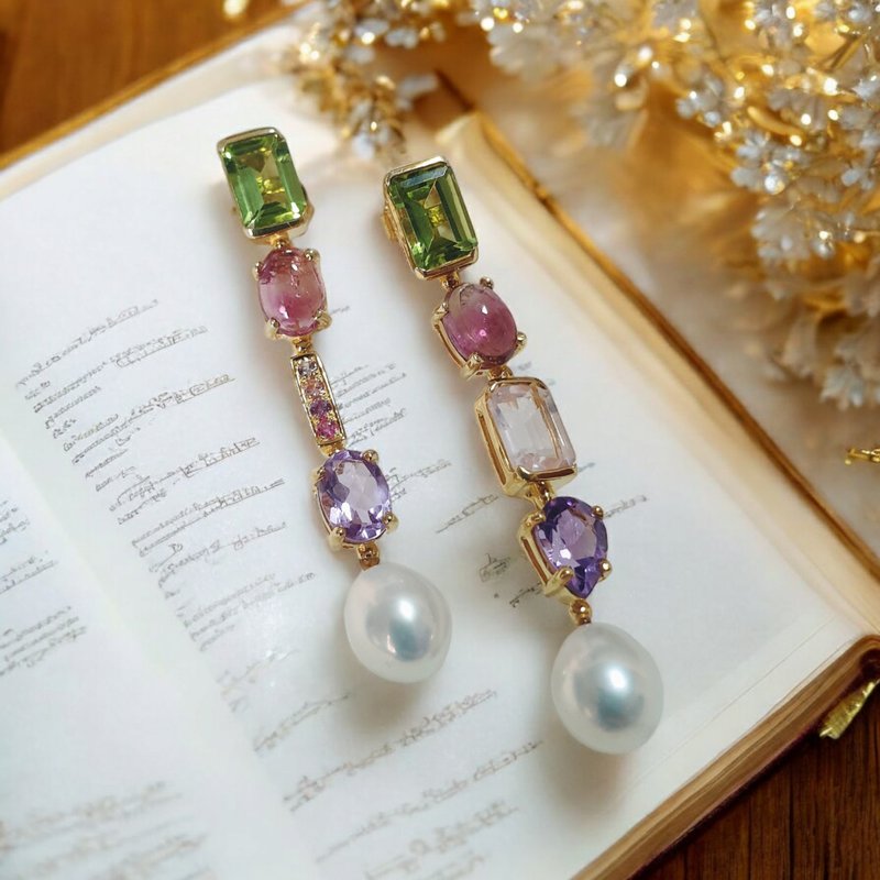 Dangling earrings, Multicolor gemstone and pearl earrings, Silver gold plated setting - 耳環/耳夾/耳骨夾 - 寶石 多色