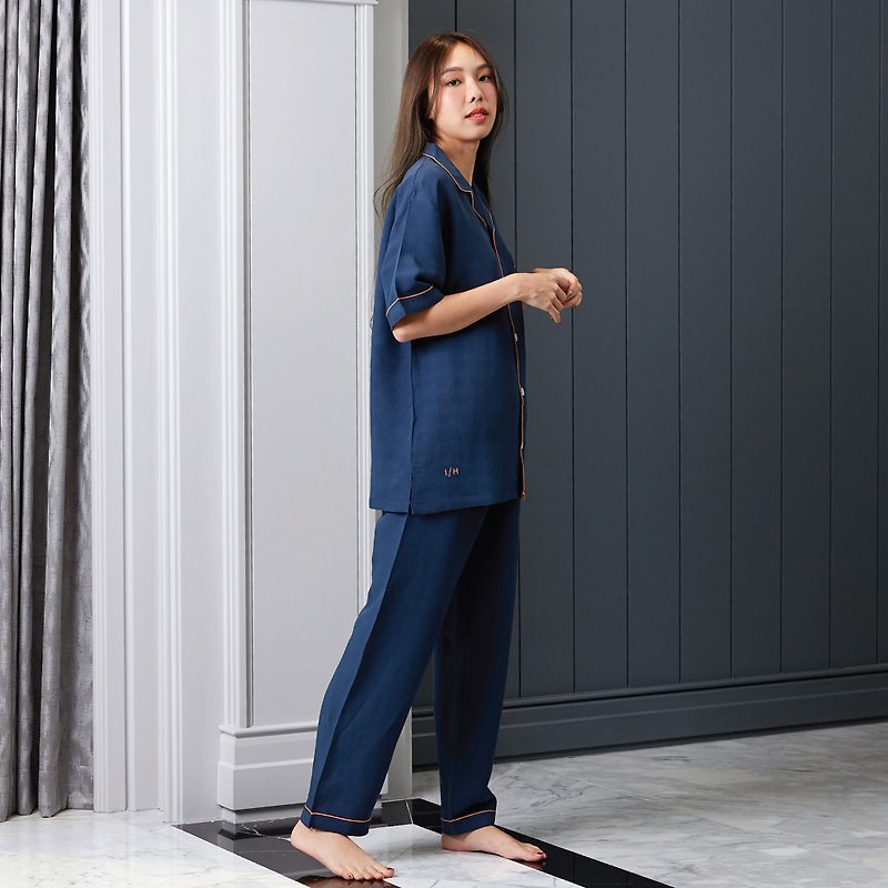 Linen Pajamas Short sleeve with Pants - 家居服/睡衣 - 亞麻 藍色