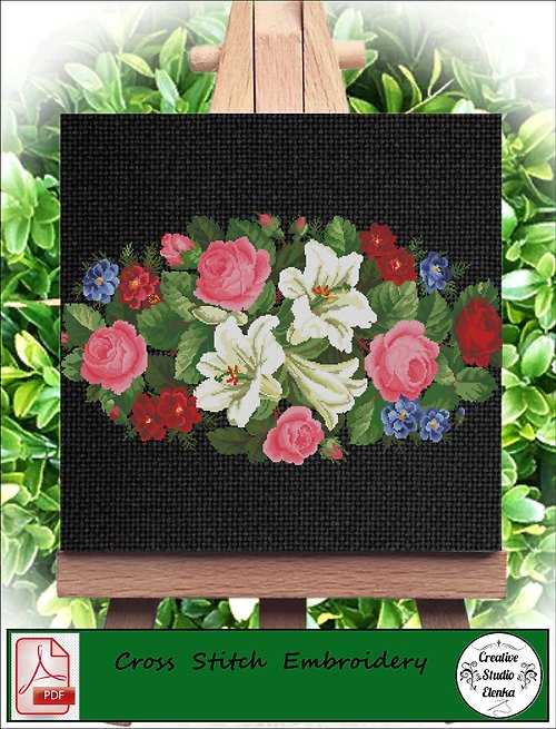 CreativeStudioElenka Vintage Cross Stitch Scheme Roses and lilies - PDF Embroidery Scheme