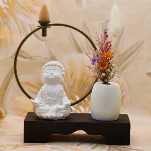 創藝泥塑 倒流香禪風小佛套組-衲靜 臺灣原創 在地生產 附臺灣製倒流香3顆