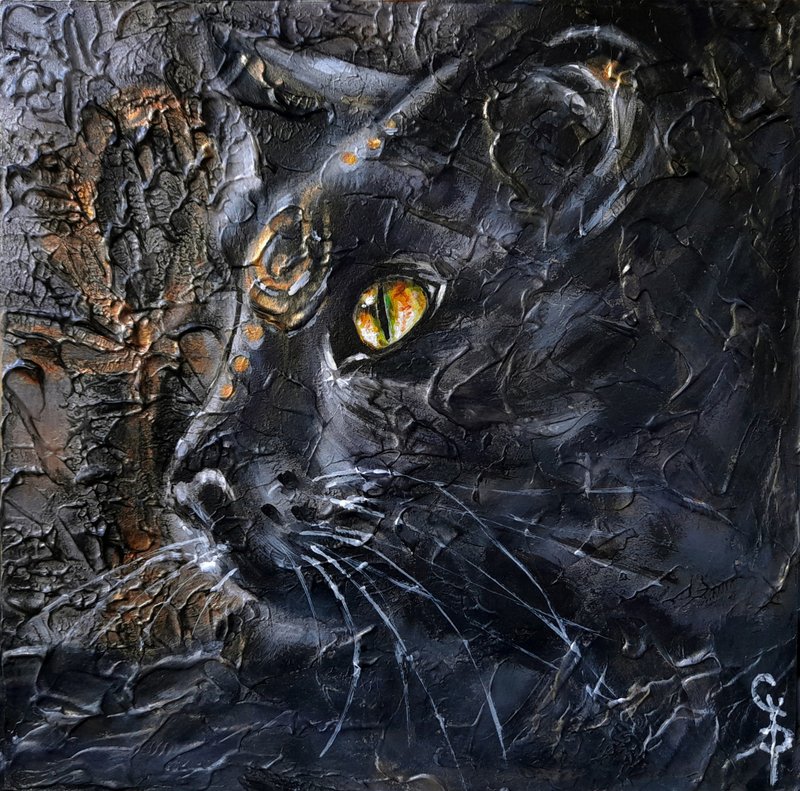 Cat Painting Oil Fine Art Original Egyptian Ankh Black Kitty Gothic Cardboard - 壁貼/牆壁裝飾 - 其他材質 黑色