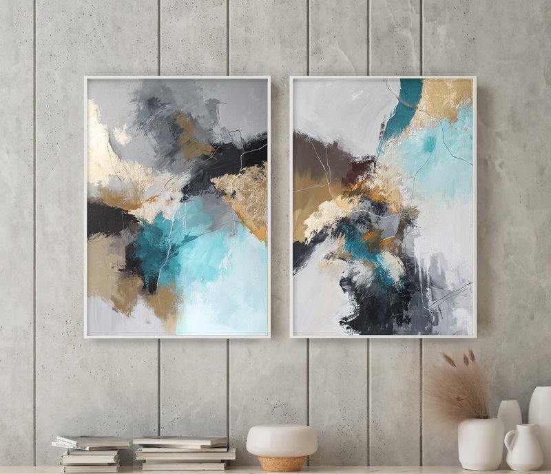 Teal abstract painting | Teal gray painting | Teal Gold wall art | Blue Rime Set - 壁貼/牆壁裝飾 - 棉．麻 藍色