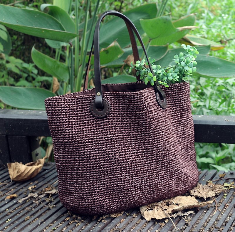 Handmade - Japanese Tote Bag - Coffee - Plant Leather Leather Handle - Travel / Light Travel / Birthday Gift - กระเป๋าถือ - วัสดุอื่นๆ สีนำ้ตาล