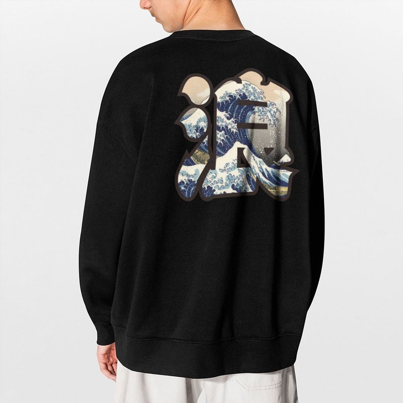 [Pattern on the back] Ukiyo-e Surf Kanagawa Unisex Cotton University T Black 042 - เสื้อฮู้ด - ผ้าฝ้าย/ผ้าลินิน สีดำ
