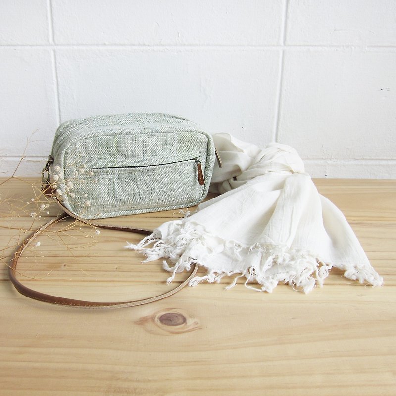 Goody Bag / Green Cross-body Little Tan Width Bags with Thai Saloo Cotton Scarf in Natural Color - Scarves - Cotton & Hemp White
