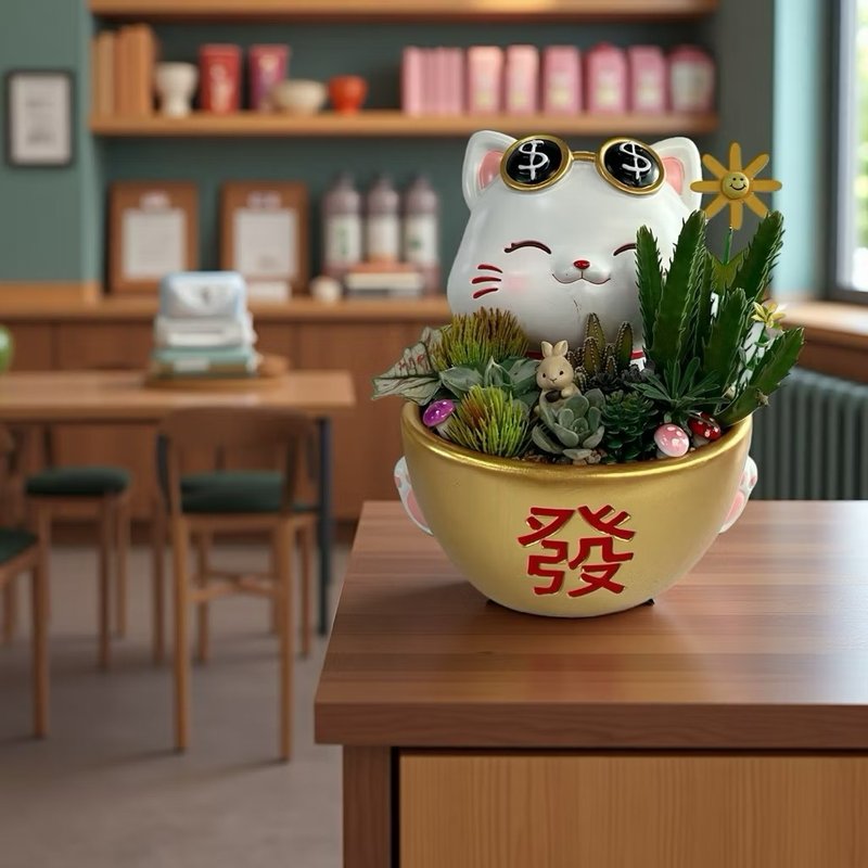 【元寶招財貓】 多肉仙人掌組合盆栽 開幕新居喬遷升官送禮 - 盆栽/植栽 - 陶 