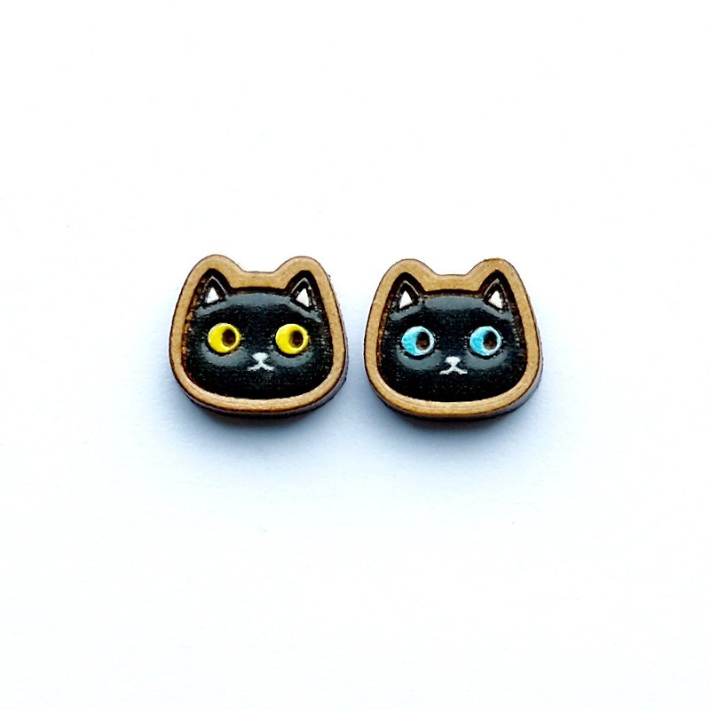 Painted wood earrings-Black cat - ต่างหู - ไม้ หลากหลายสี