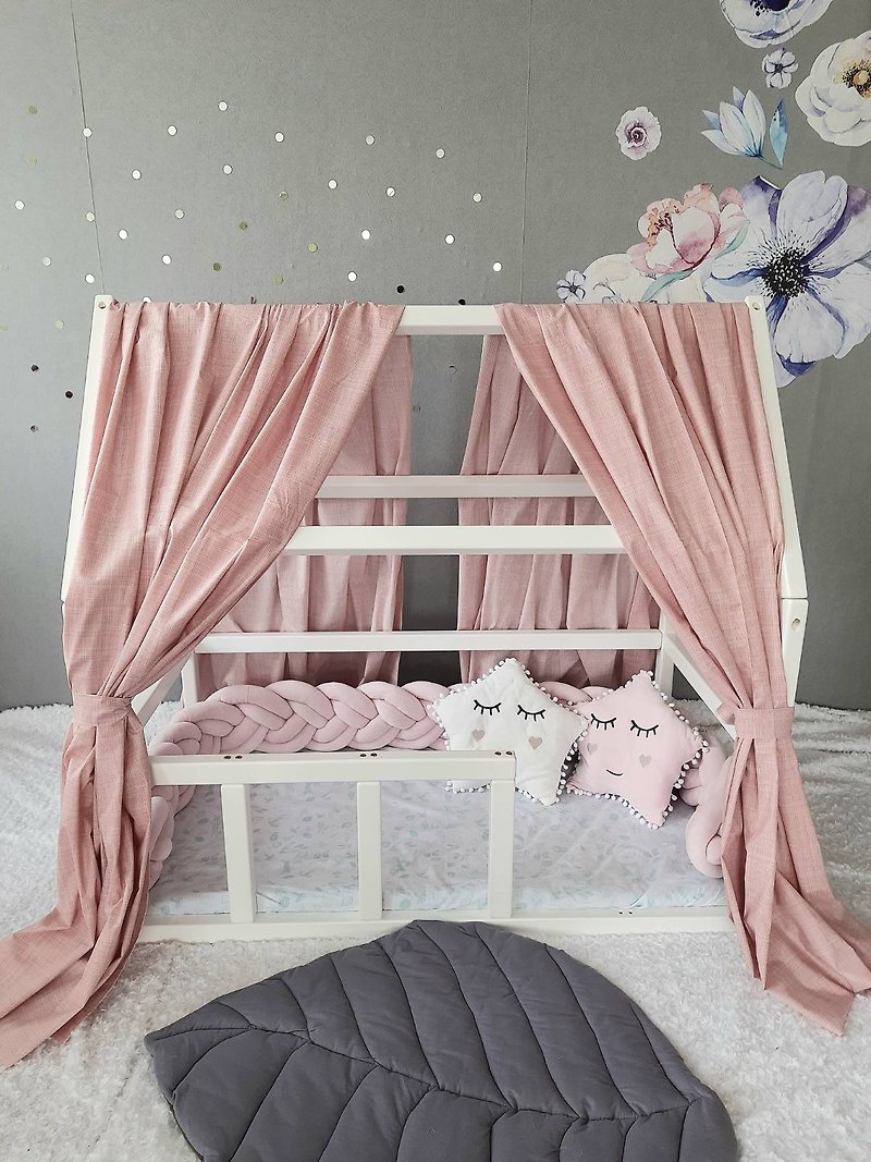 Montessori bed canopy (Set of 2 Pcs) Gray tulle canopy, bed baldachine - Kids' Furniture - Cotton & Hemp Multicolor