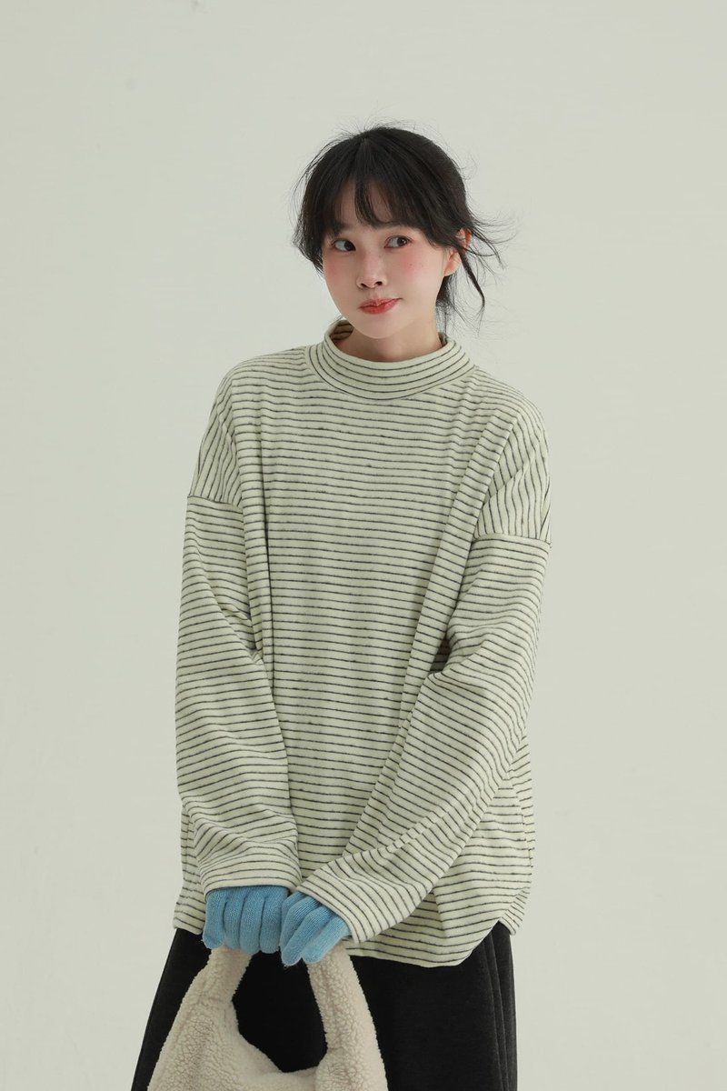 2顔色 絨線磨毛條紋半高領長袖 簡約風文藝復古休閒套頭上衣 - 女 T 恤 - 棉．麻 白色