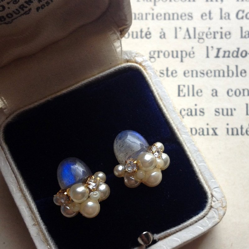 14 kgf high quality Labradorite vintage pearl earrings - ต่างหู - เครื่องเพชรพลอย สีเทา