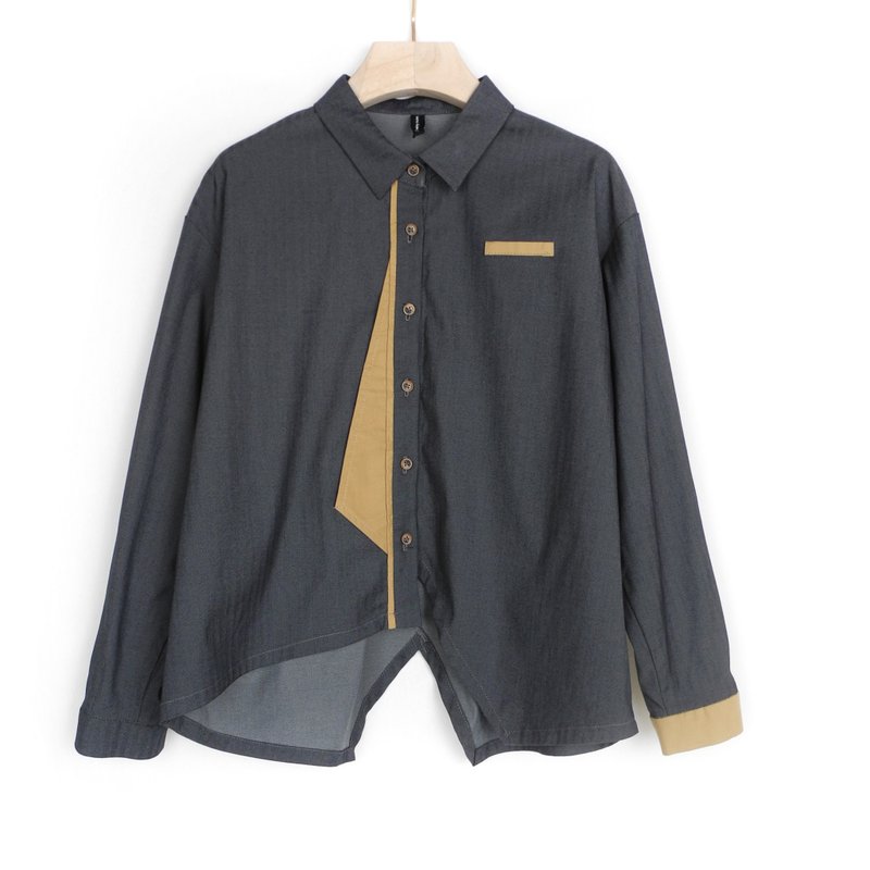 灰卡其 人字紋拼接襯衫 #U1135 - 女襯衫 - 棉．麻 灰色