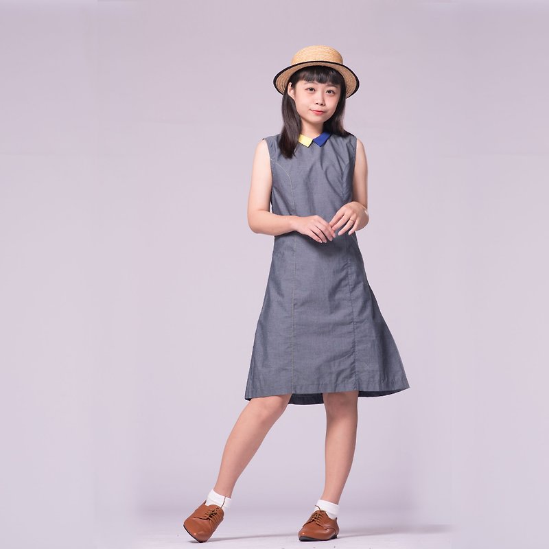 Yellow and blue collar A word dress sleeveless pocket gray blue - One Piece Dresses - Paper Gray