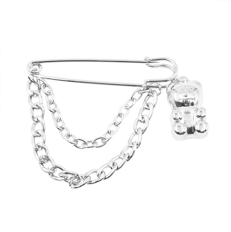 Teddy Bear Chain Pin - Badges & Pins - Stainless Steel Silver