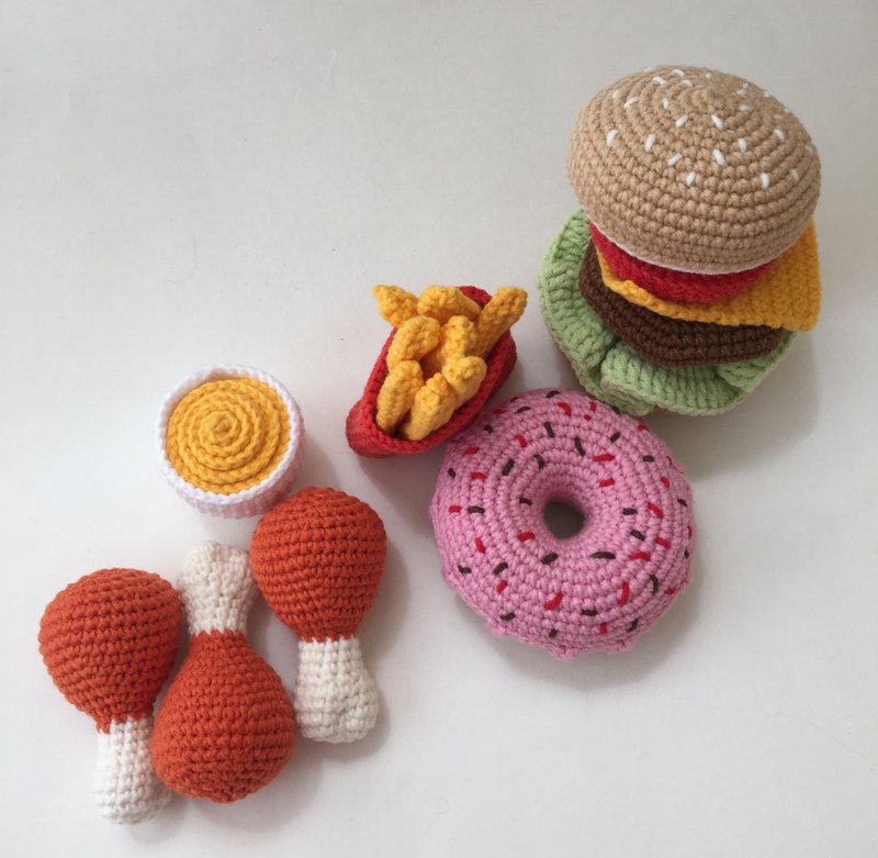 Crochet Food Burger French fries chicken legs with cheese sauce, donut,Hamburger - Kids' Toys - Cotton & Hemp 