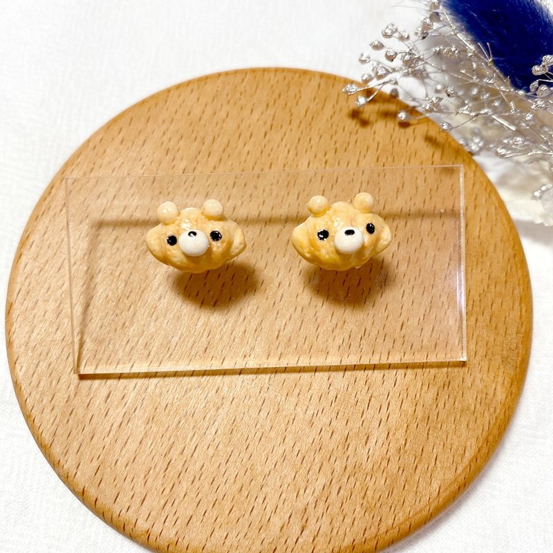 Simulated Bread-Croissant Bear Earrings | Clay Earrings - ต่างหู - ดินเหนียว สีส้ม