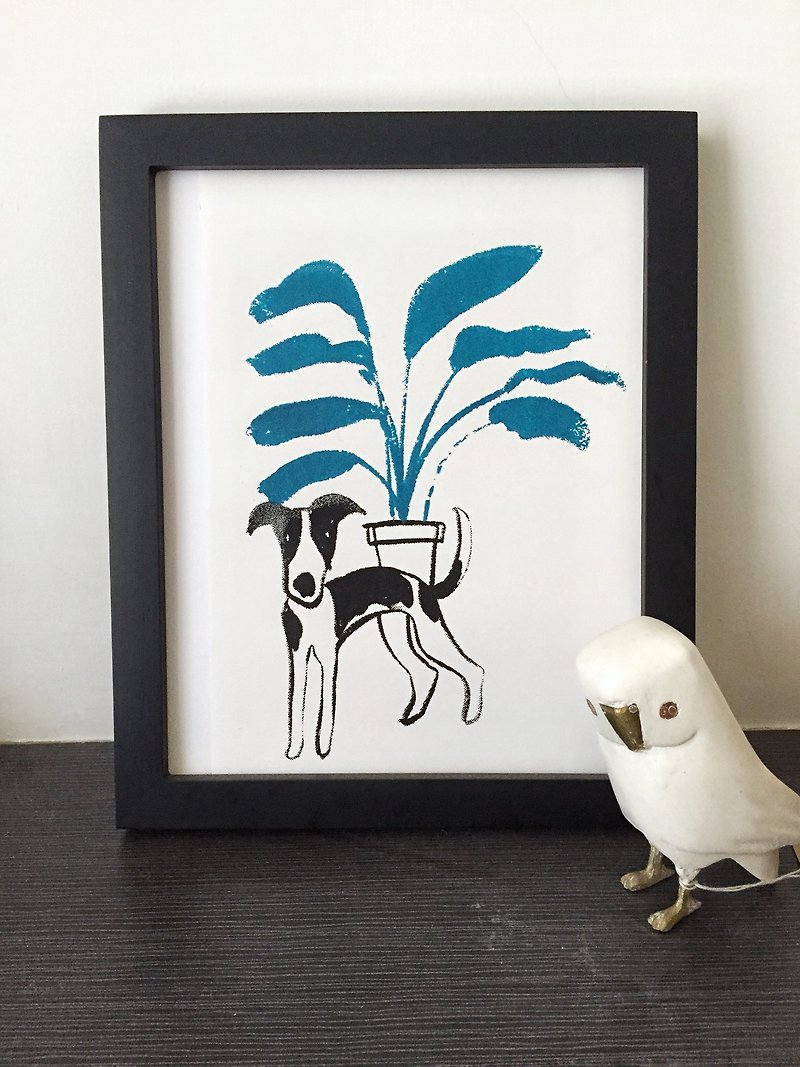 惠比特獵犬與植物  狗兒手工絹印版畫  - 海報/掛畫/掛布 - 紙 白色