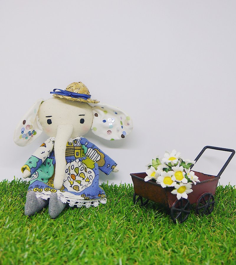 Handmade Elephant Doll- Farmer Cute Elly - Stuffed Dolls & Figurines - Cotton & Hemp 