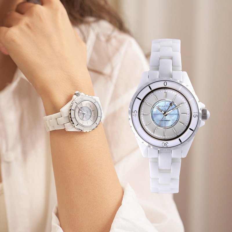 RELAX TIME Solar Time Royal Seal Ceramic Series-Silver (RT-107S-1) - Women's Watches - Stainless Steel White