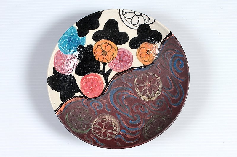 菊紋様の色絵皿 - 花瓶・植木鉢 - その他の素材 ブラウン