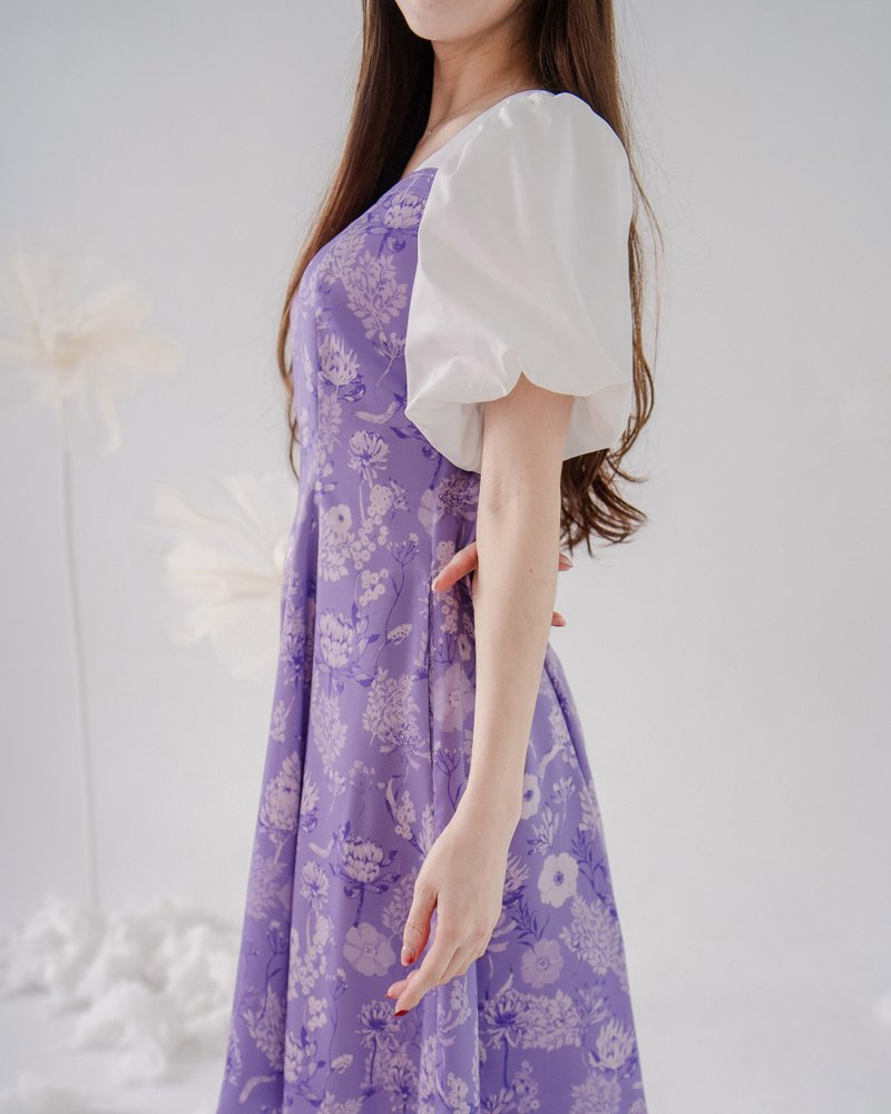 【波麗印花】迪士尼經典公主風 澎澎袖小洋裝 皇后紫 天絲 - 洋裝/連身裙 - 棉．麻 紫色