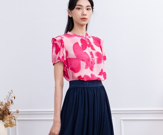 MEDUSA】ショッキングピンク蝶柄シフォントップス(M～2L