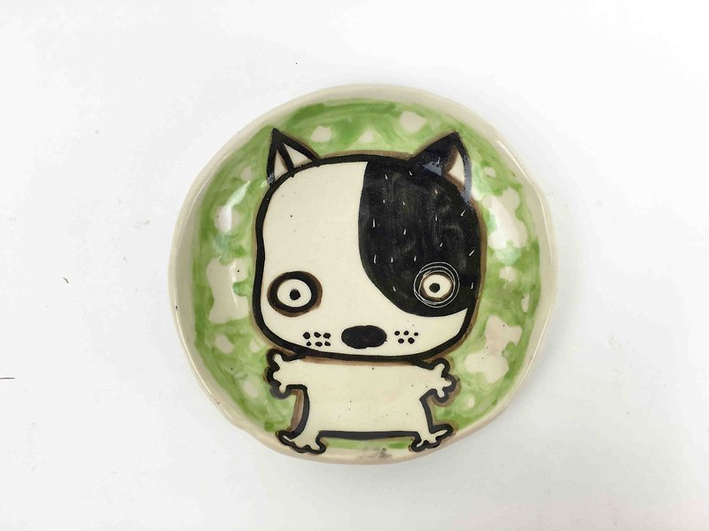 Nice Little Clay hand-painted small dish _ cheap dog 0304-01 - จานเล็ก - ดินเผา สีเขียว
