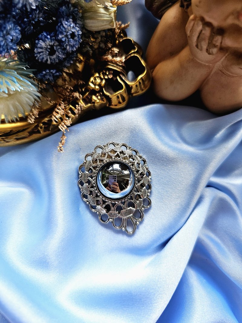 美國製黑石蕾絲邊鏤空絲巾夾/復古珠寶/美國西洋古董飾品 - 其他 - 其他金屬 