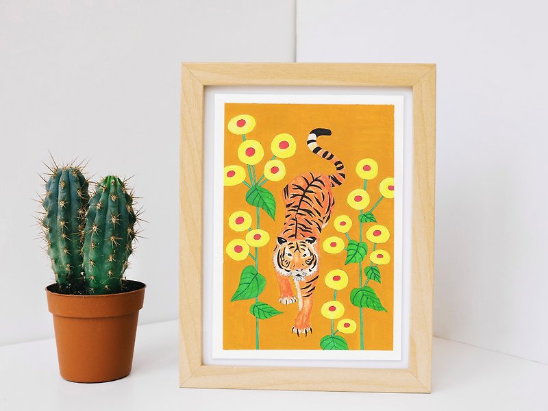 Original Painting // Tiger and Flowers // Start - โปสเตอร์ - กระดาษ สีเหลือง