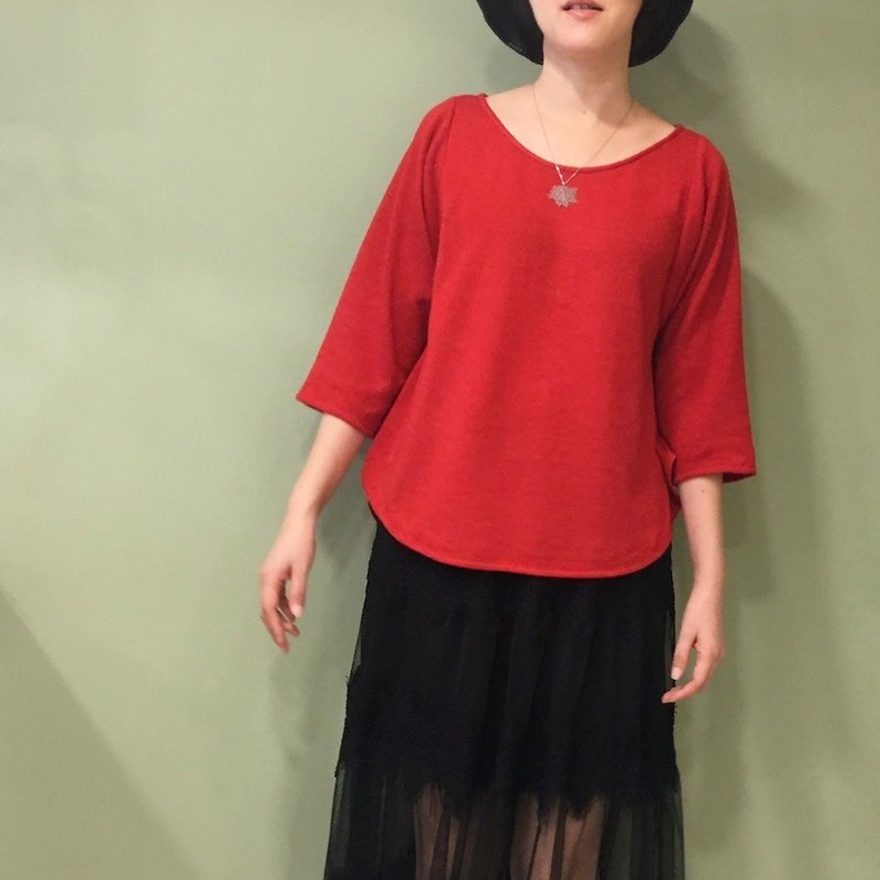 【Top】Bright Red Short 3/4 Sleeve Sweater - Women's Sweaters - Wool Red