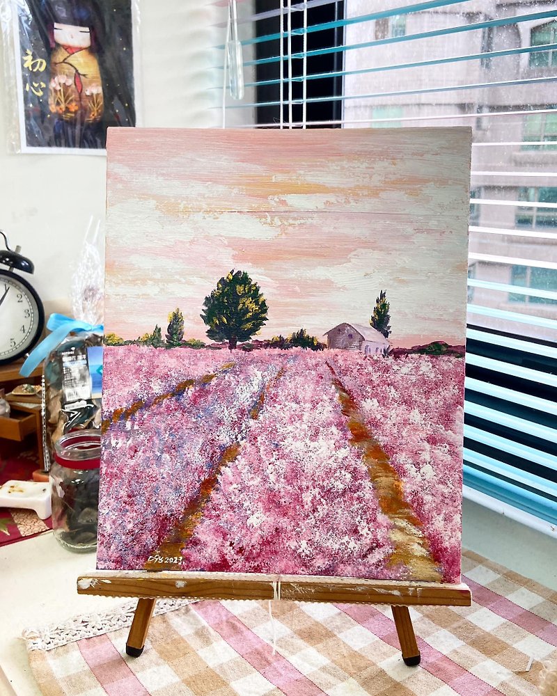 The Golden Flower Field Where the Sun Never Sets/ Acrylic Painting/Canvas Board (3F 22X27 CM) - Easel not included - Posters - Cotton & Hemp Pink