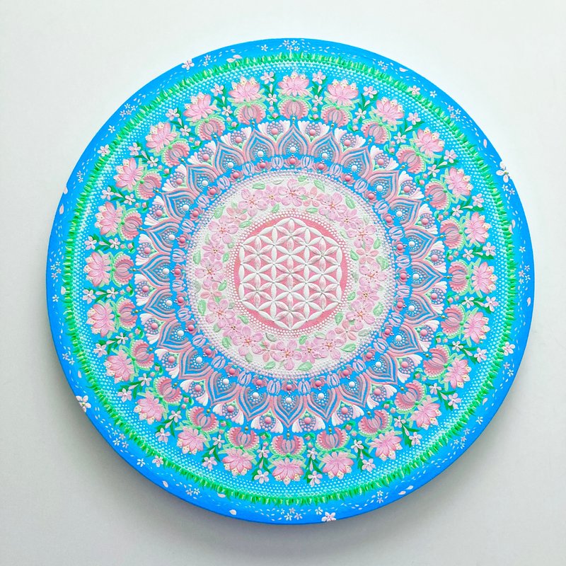 フラワーオブライフ　ドットマンダラ　桜と青空　40cm - 海報/掛畫/掛布 - 棉．麻 粉紅色