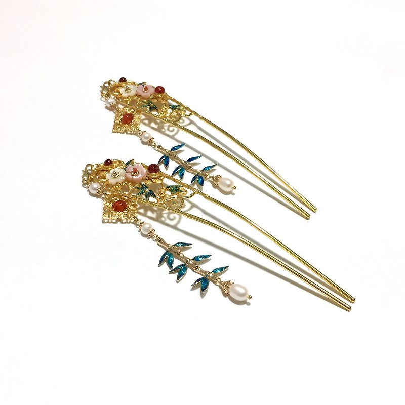 "Green Bamboo" enamel bamboo knot plum hairpin. Natural pearl. Tassel section. / Antique hairpin / hairpin / classical hair accessories - Hair Accessories - Gemstone Blue