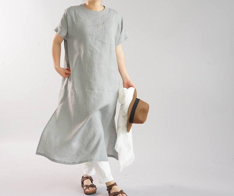 wafu   linen dress / loose fitting / long length / short sleeve / gray / a41-59 - ชุดเดรส - ผ้าฝ้าย/ผ้าลินิน สีเทา