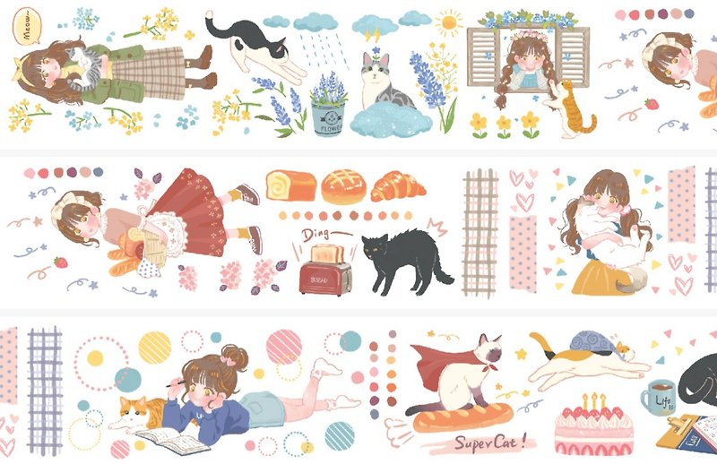 Cat girl PET paper tape Taiwan self-printed 10-meter roll - Washi Tape - Other Materials Multicolor