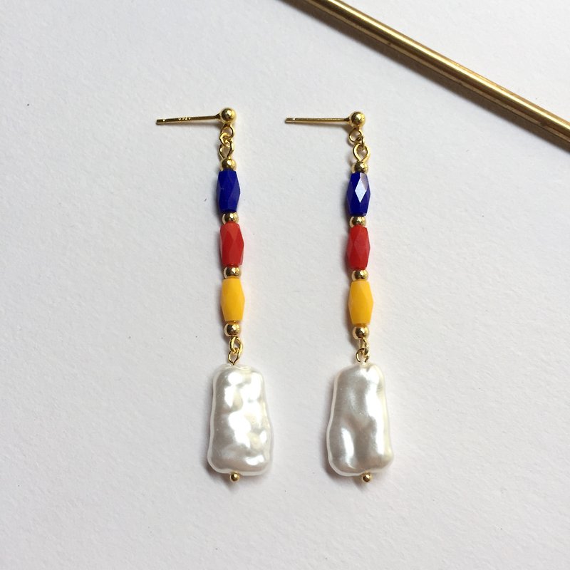 14K gold-covered colorful ceramic irregular pearl earrings Clip-On clip-on earrings 14KGF - Earrings & Clip-ons - Porcelain Multicolor