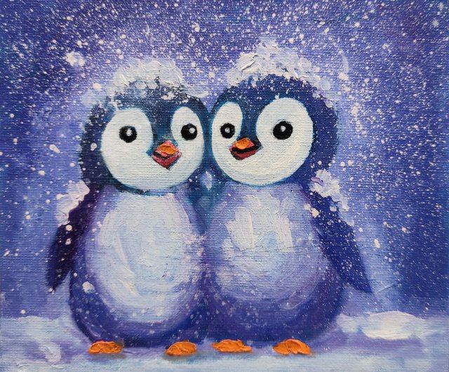 ペンギン絵画オリジナル鳥ウォールアート動物小さなアートワーク