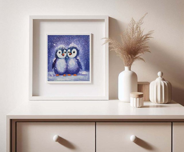 ペンギン絵画オリジナル鳥ウォールアート動物小さなアートワーク