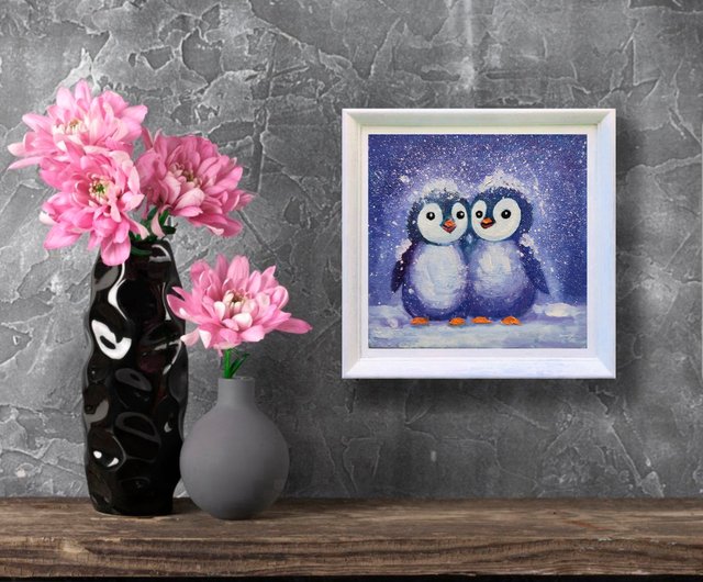 ペンギン絵画オリジナル鳥ウォールアート動物小さなアートワーク