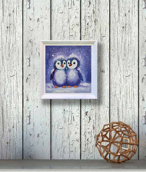 絵画　油絵　原画　動物　ペンギン　ブルー　海　空　アート　インテリア　F4 絵画 油絵 原画 動物 ペンギン ブルー 海 空 アート インテリア F4