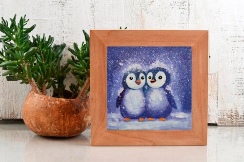 ペンギン絵画オリジナル鳥ウォールアート動物小さなアートワーク、手工