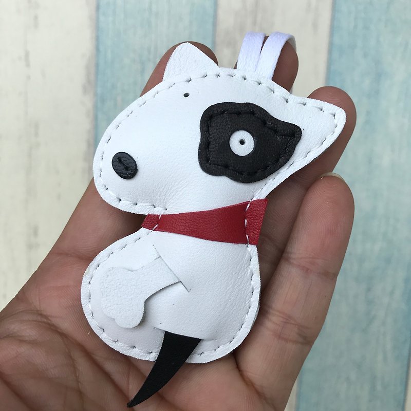 Healing little white cute dog hand-stitched leather charm small size - พวงกุญแจ - หนังแท้ ขาว