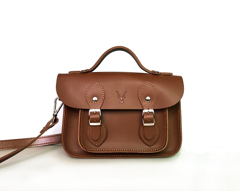 8.5-inch classic Cambridge bag, brown messenger bag, leather college bag, free custom logo - กระเป๋าแมสเซนเจอร์ - หนังแท้ 