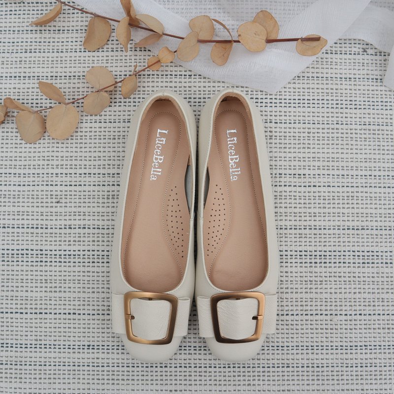 【Flowering】flat leather shoes_white - Mary Jane Shoes & Ballet Shoes - Genuine Leather White