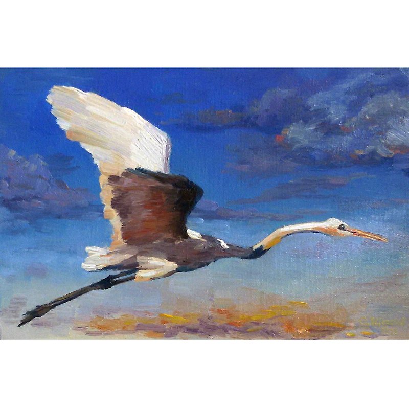 Heron painting bird flight original art feathered artwork bird wall art - Posters - Other Materials Blue