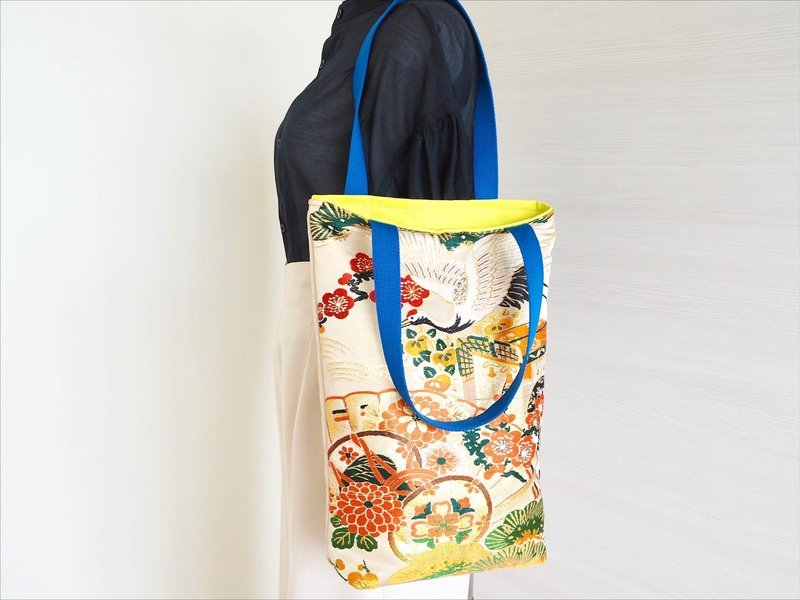 【日本製ハンドメイド】着物絹帯 x 帆布トートバッグ　一点物　帯リメイク　着物リメイク　個性的　カラフル - 手提包/手提袋 - 絲．絹 多色