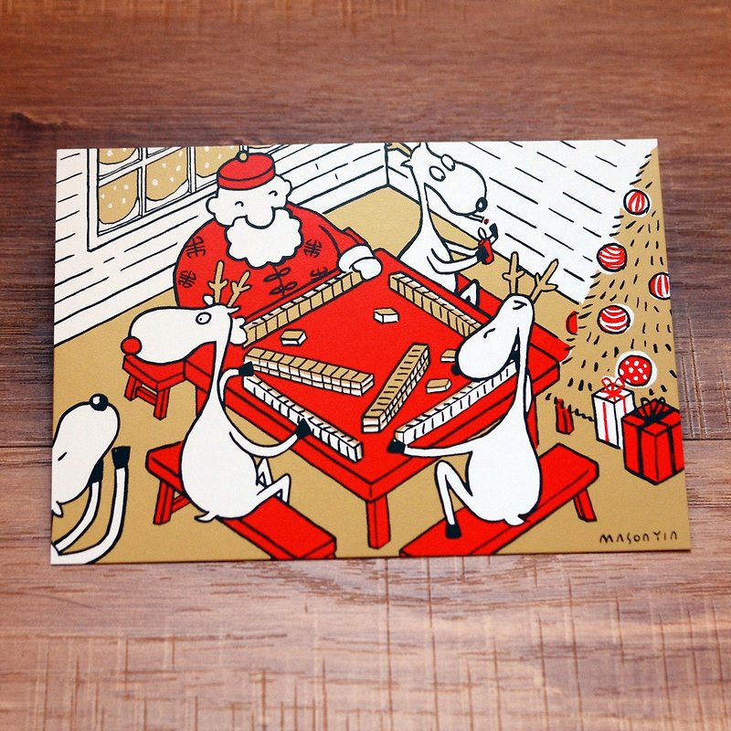 聖誕卡-米豬2017金色聖誕明信片16號: 守歲麻將 Mahjong Time - 卡片/明信片 - 紙 金色