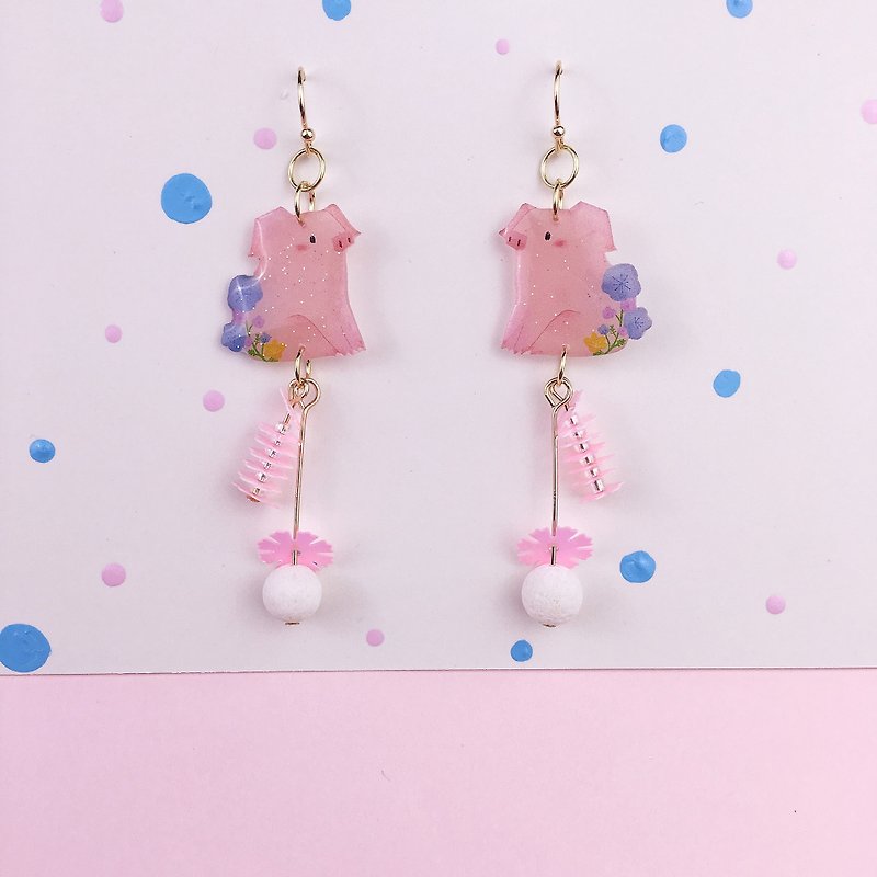 Pastoral, pink, pet, pig, pig, flowers, Earrings * - Earrings & Clip-ons - Resin Pink